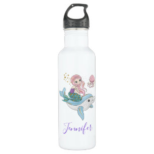 Cute Mermaid Riding a Dolphin Under the Sea 710 Ml Water Bottle