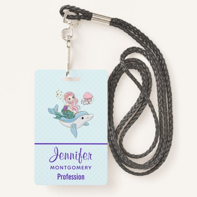 Cute Mermaid Riding a Dolphin Under the Sea Badge (Back with Lanyard)