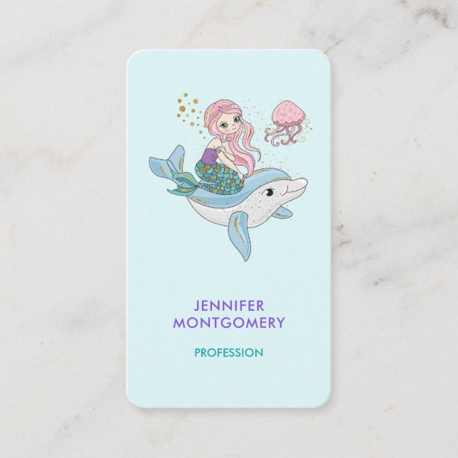Cute Mermaid Riding a Dolphin Under the Sea Business Card (Front)