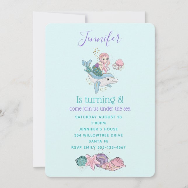 Cute Mermaid Riding a Dolphin Under the Sea Invitation (Front)