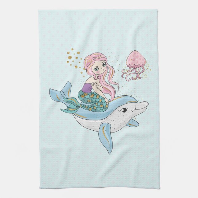 Cute Mermaid Riding a Dolphin Under the Sea Kitchen Towel (Vertical)