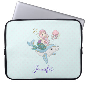 Cute Mermaid Riding a Dolphin Under the Sea Laptop Sleeve