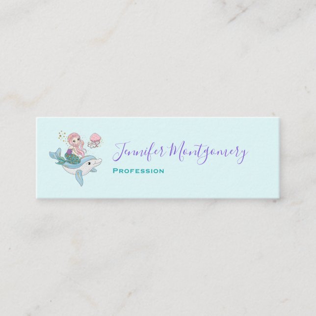 Cute Mermaid Riding a Dolphin Under the Sea Mini Business Card (Front)