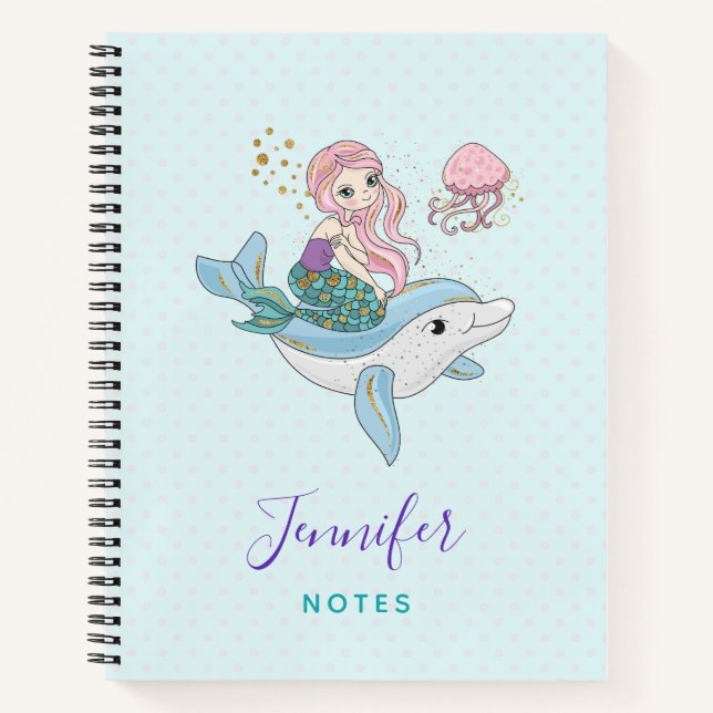 Cute Mermaid Riding a Dolphin Under the Sea Notebook (Front)