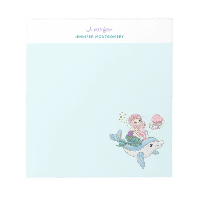 Cute Mermaid Riding a Dolphin Under the Sea Notepad (Front)