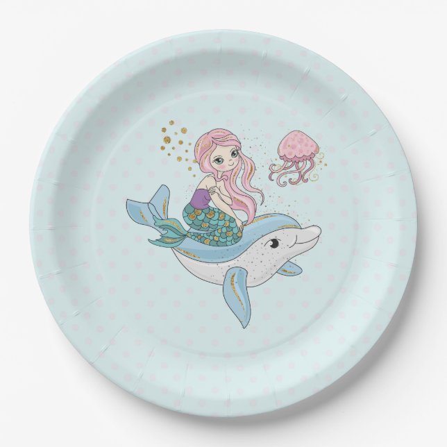 Cute Mermaid Riding a Dolphin Under the Sea Paper Plate (Front)