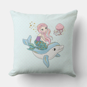 Cute Mermaid Riding a Dolphin Under the Sea Throw Pillow
