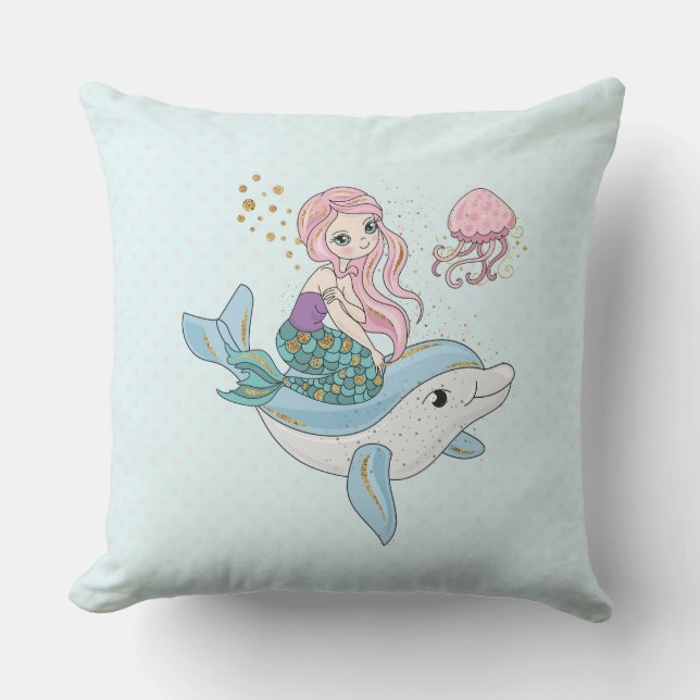 Cute Mermaid Riding a Dolphin Under the Sea Throw Pillow (Front)