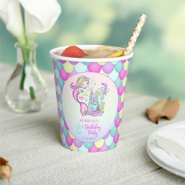 Cute Mermaid | Sea Girl's 1st Birthday Party Paper Paper Cups (Insitu)