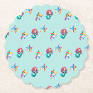 Cute Mermaid shark rainbow colorful birthday party Paper Coaster