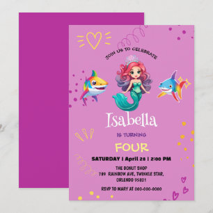 Cute Mermaid shark rainbow colourful birthday part Invitation