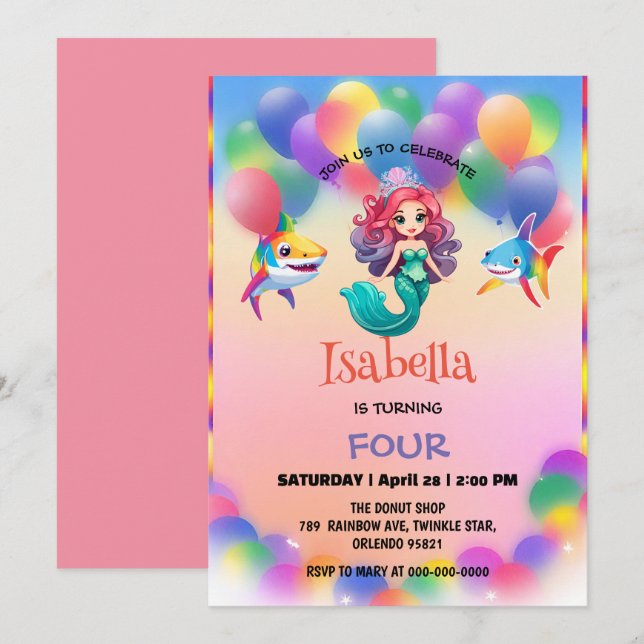 Cute Mermaid shark rainbow colourful birthday part Invitation (Front/Back)