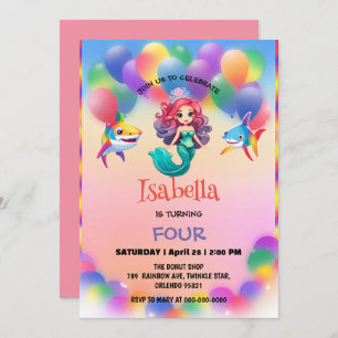 Cute Mermaid shark rainbow colourful birthday part Invitation