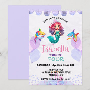 Cute Mermaid shark rainbow colourful birthday part Invitation
