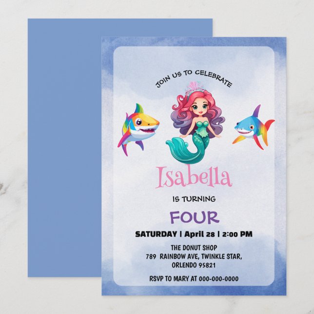 Cute Mermaid shark rainbow colourful birthday part Invitation (Front/Back)