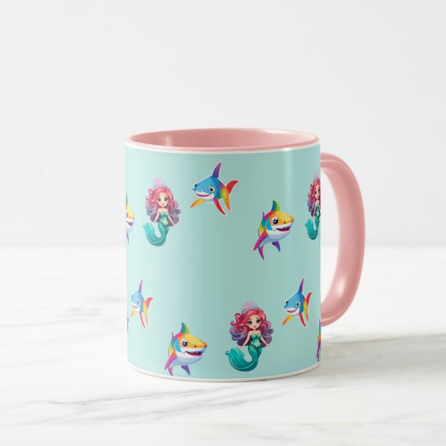 Cute Mermaid shark rainbow colourful birthday part Mug (Front Right)
