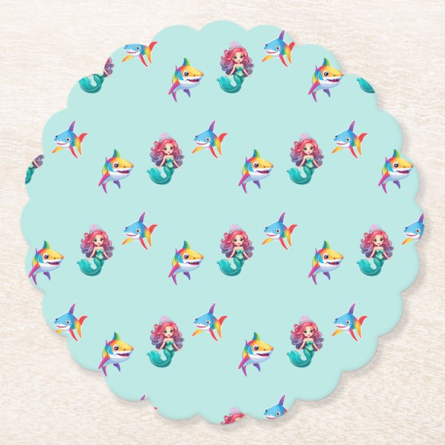 Cute Mermaid shark rainbow colourful birthday part Paper Coaster (Front)