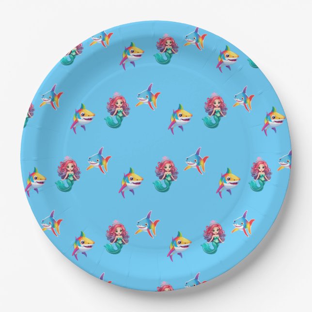Cute Mermaid shark rainbow colourful birthday part Paper Plate (Front)