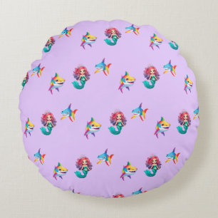 Cute Mermaid shark rainbow colourful birthday part Round Pillow