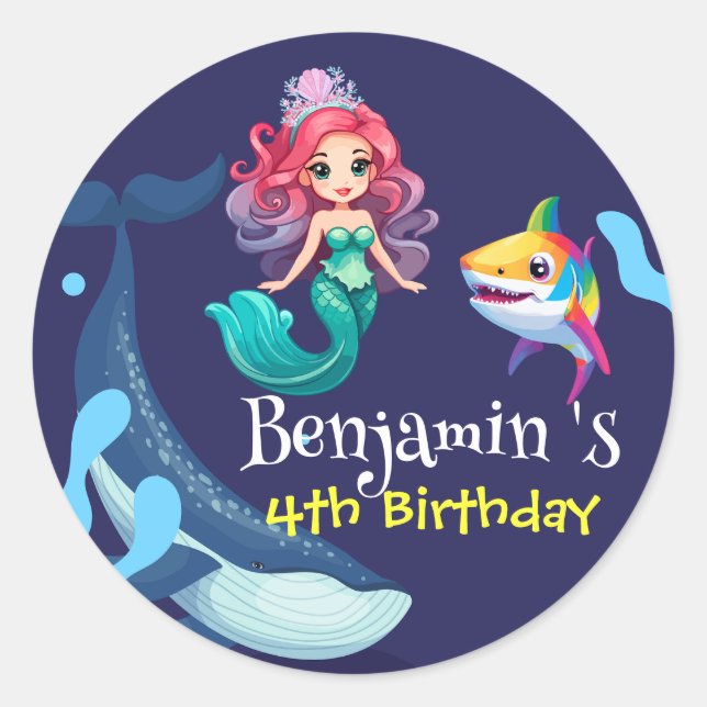 Cute Mermaid shark Whale colourful birthday party Classic Round Sticker (Front)