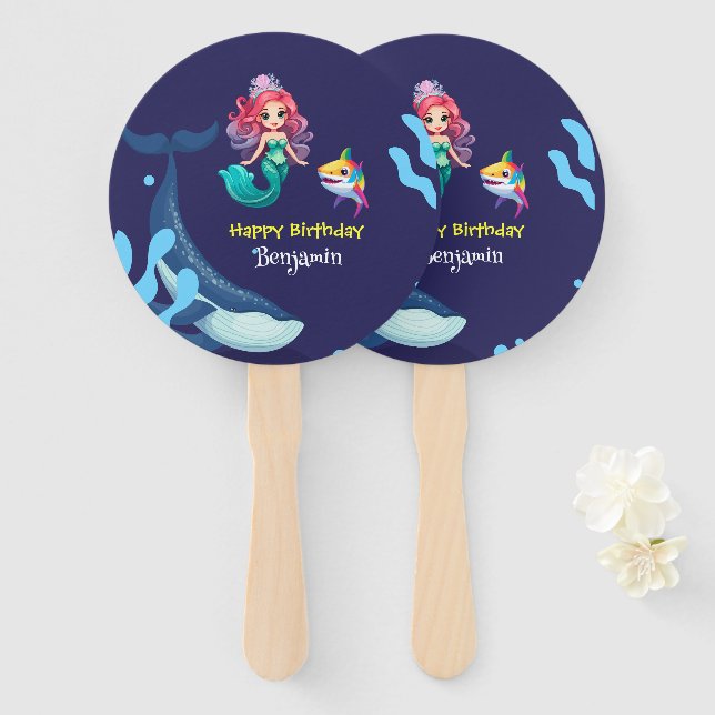 Cute Mermaid shark Whale rainbow colourful birthda Hand Fan (Front and Back)