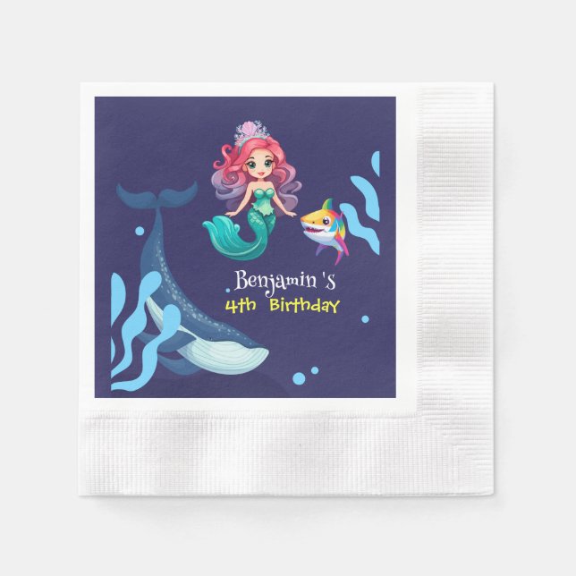 Cute Mermaid shark Whale rainbow colourful birthda Napkin (Front)