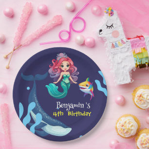Cute Mermaid shark Whale rainbow colourful birthda Paper Plate