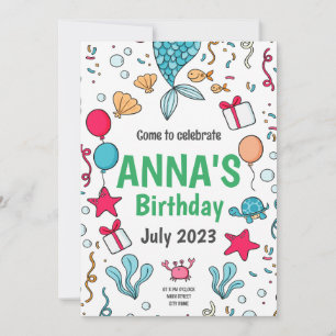Cute Mermaid Tail, Under the sea Birthday  Invitation