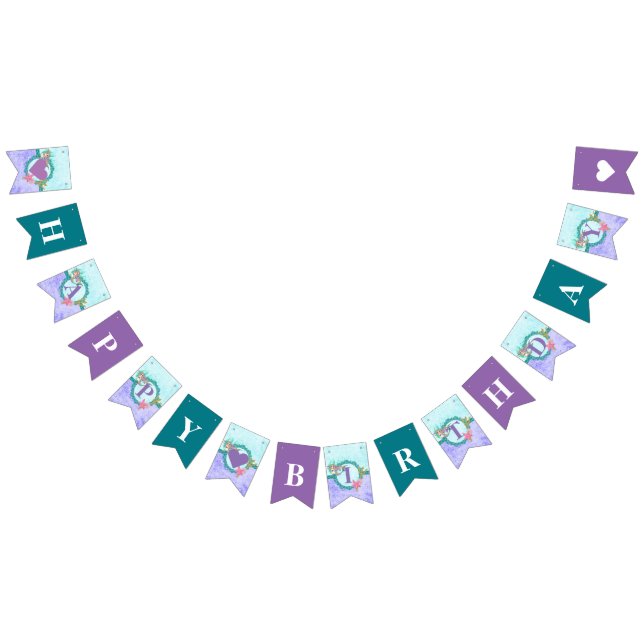 Cute Mermaid Teal & Purple Happy Birthday Bunting Flags (All)