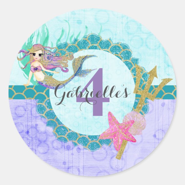 Cute Mermaid Teal & Purple Name Age Birthday Party Classic Round Sticker (Front)