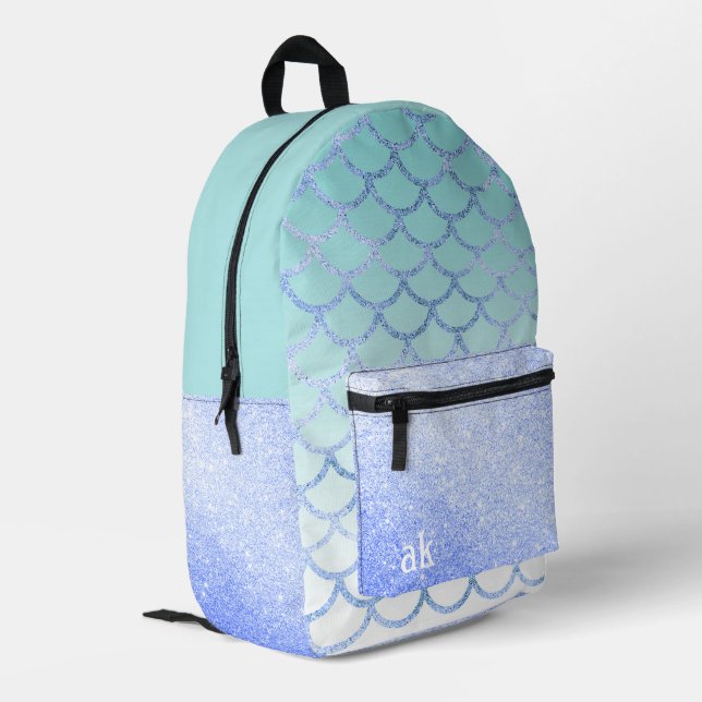 Cute Mermaid Turquoise Purple Glitter Monogram Printed Backpack (Back Corner Left)