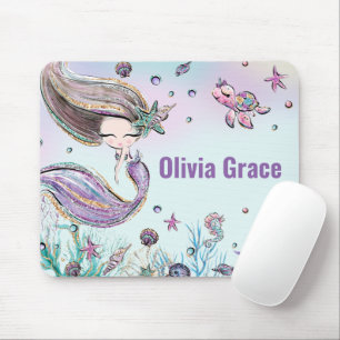 Cute Mermaid Under the Sea Purple Glitter Mouse Pa Mouse Pad
