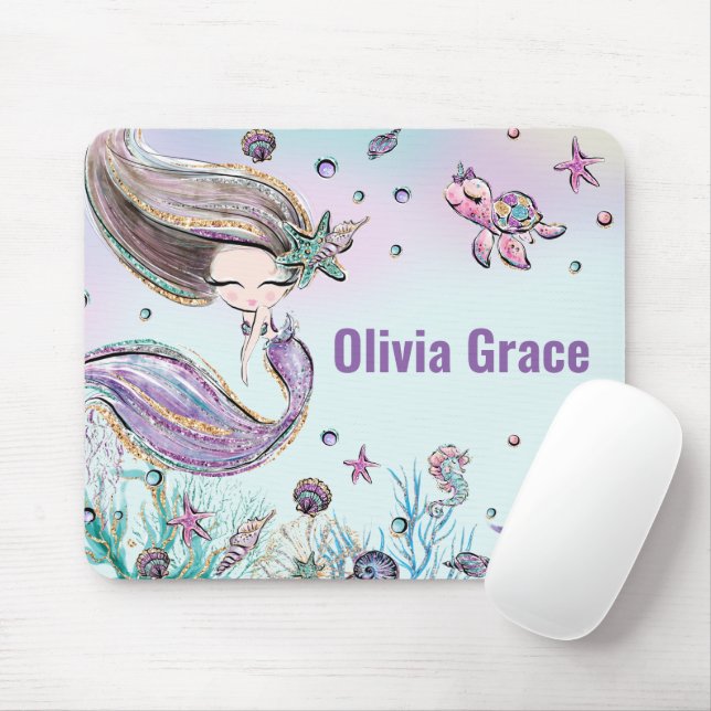 Cute Mermaid Under the Sea Purple Glitter Mouse Pa Mouse Pad (With Mouse)