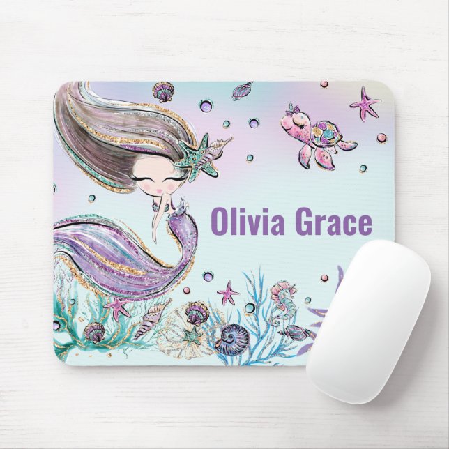 Cute Mermaid Under the Sea Purple Glitter Mouse Pad (With Mouse)