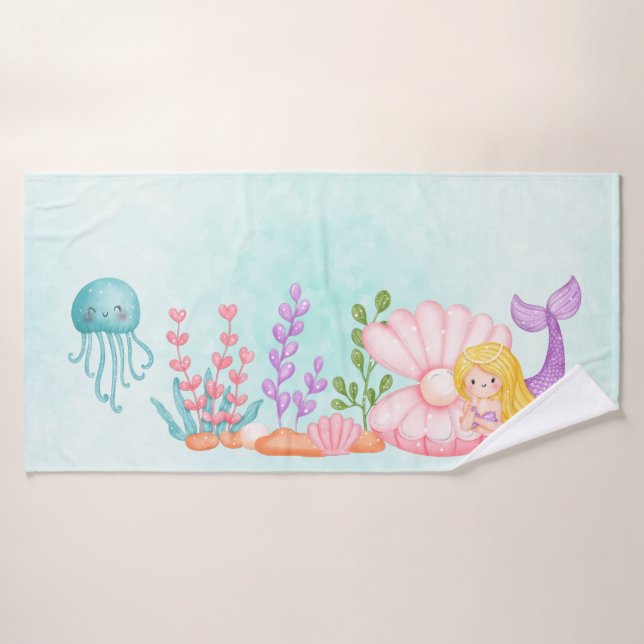  Cute Mermaid Under the Sea Watercolor Bath Towel Set (Bath Towel)