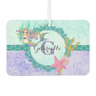 Cute Mermaid Watercolor Teal & Purple Monogram Car Air Freshener