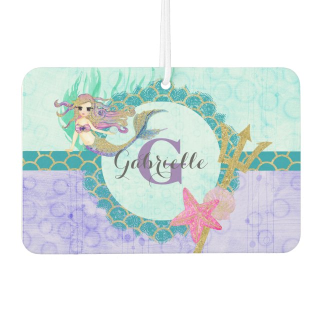 Cute Mermaid Watercolor Teal & Purple Monogram Car Air Freshener (Front)
