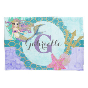 Cute Mermaid Watercolor Teal & Purple Monogram Pillowcase