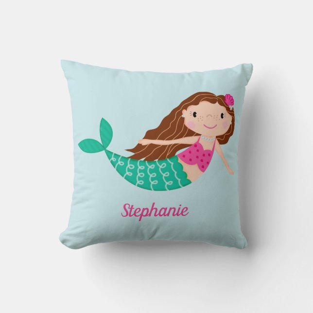Cute Mermaid Whimsical Personalized Throw Pillow (Front)