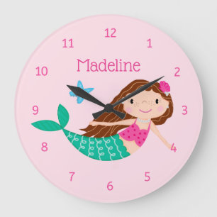 Cute Mermaid Whimsical Pink Personalized Large Clock