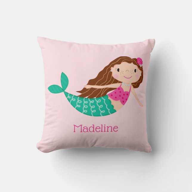 Cute Mermaid Whimsical Pink Personalized Throw Pillow (Front)