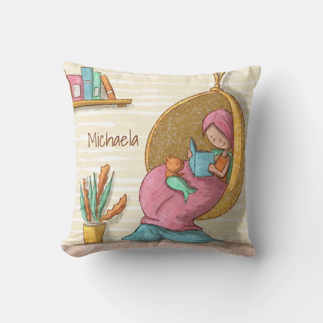 Cute Mermaid with Cat Reading Nook Throw Pillow (Front)