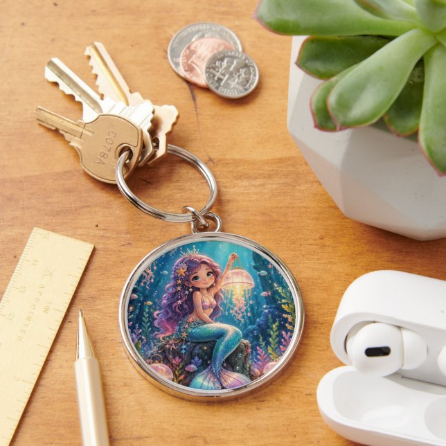 Cute mermaid with jellyfish lantern  keychain (Desk)