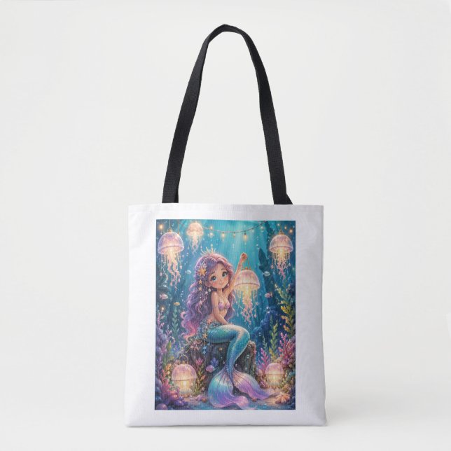Cute mermaid with jellyfish lantern  tote bag (Front)