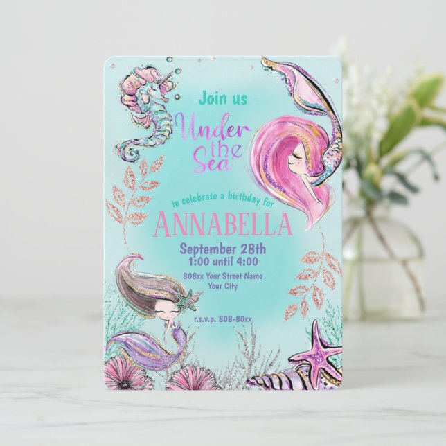 Cute Mermaids Glitter Under the Sea Party Invitation (Standing Front)