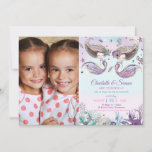Cute Mermaids Twins Sisters Birthday Party Photo Invitation<br><div class="desc">Whimsical mermaids twins / sisters birthday party photo invitation, featuring two beautiful mermaids, adorable under the sea creatures and colourful corals against rainbow deep ocean backdrop. Personalize it with your party details easily and quickly, simply press the customize it button to further re-arrange and format the style and placement of...</div>