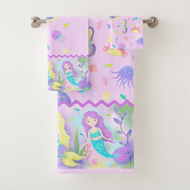 Cute Mermaids Under the Sea Neon Bath Towel Set (Insitu)