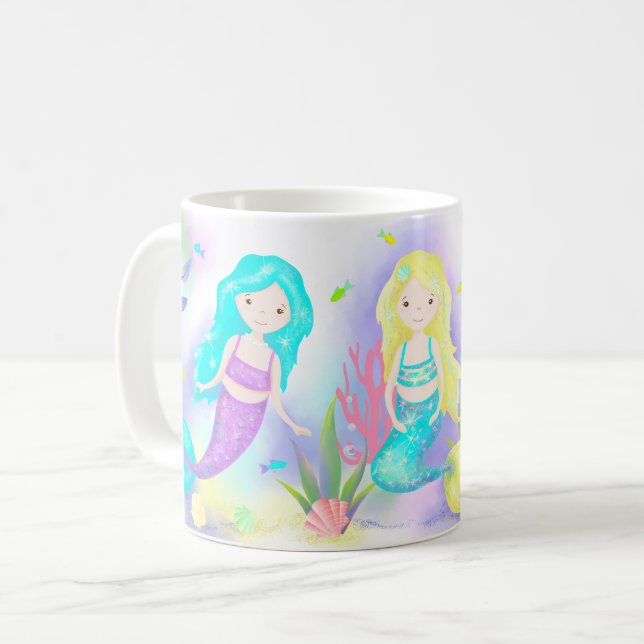      Cute Mermaids Under the Sea Neon Coffee Mug (Front Left)