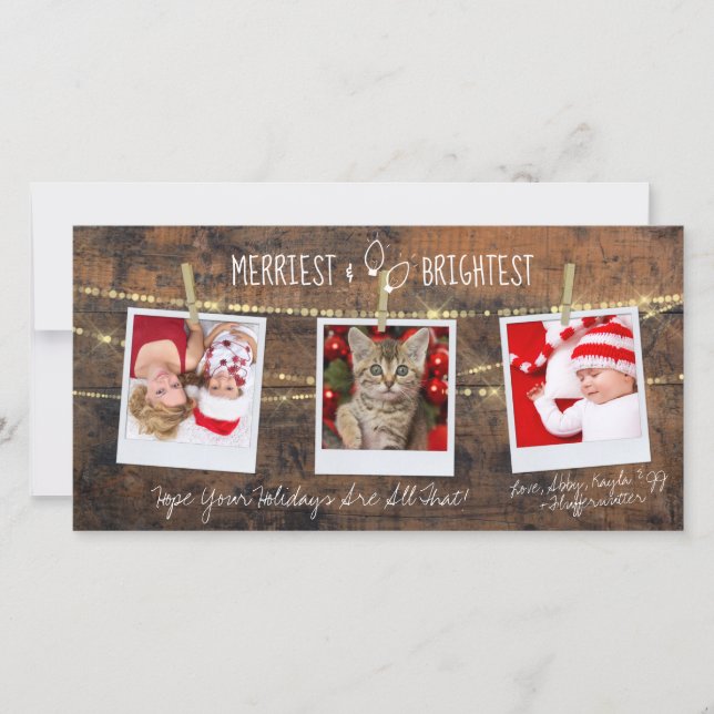 Cute Merriest & Brightest Holiday 3-Photo Card (Front)