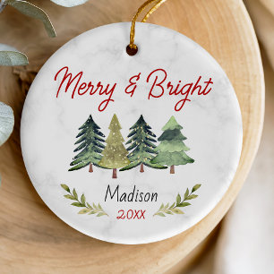 Cute merry and bright Christmas trees green red  Ceramic Ornament